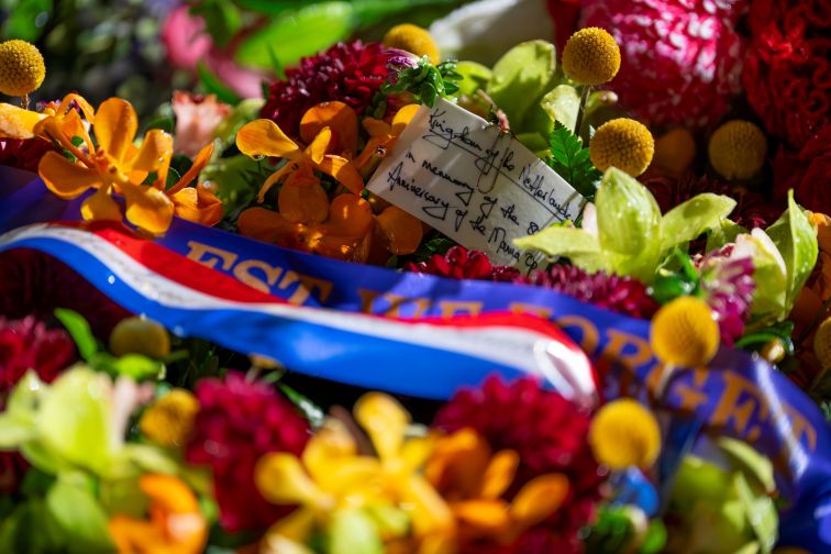 Close up photo of a wreath laid at the Cenotaph in Martin Place